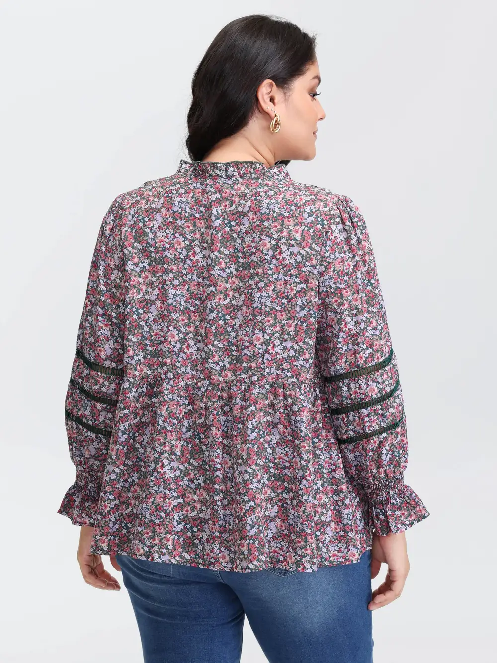 Floral Print Lace Trim Placket Blouse