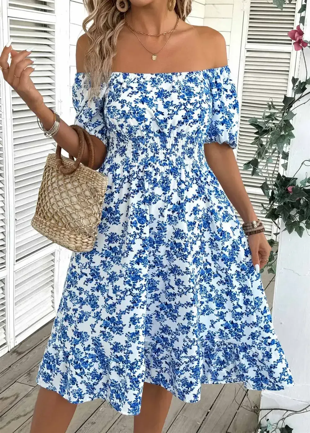 Blue Ditsy Floral Print Short Sleeve Off Shoulder Dress