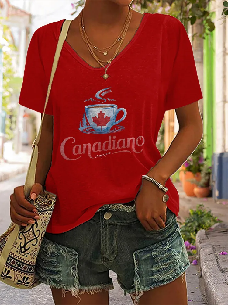 Canadian Printed V-Neck Short-Sleeved T-Shirt