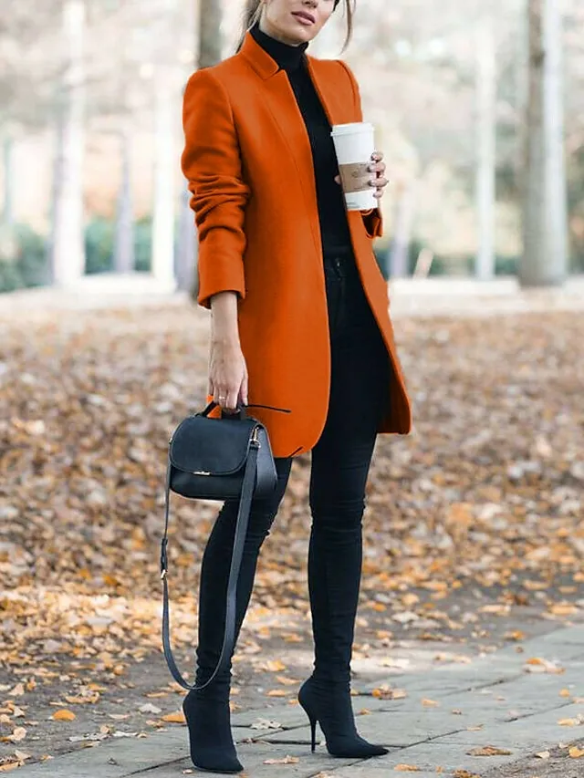 Women's Pea Coat Winter Coat Open Front Stand Collar Trench Coat Fall Warm Windproof Overcoat Christmas Jacket caramel colour