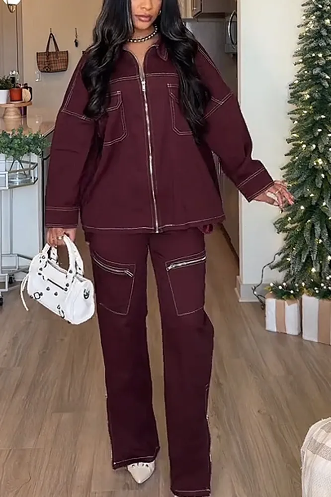 Women's Solid Color Zipper Splicing Top & Pockets Pants Two Piece Set