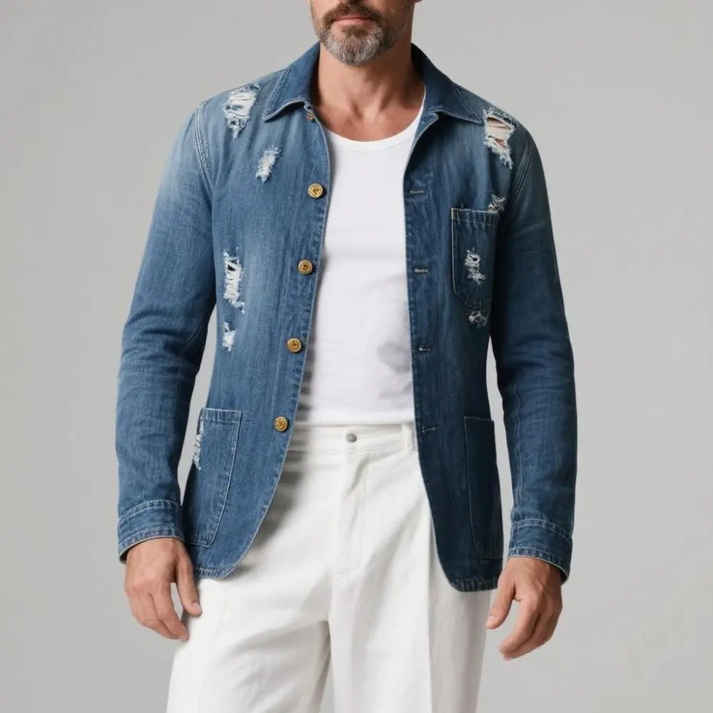 Men's Shirt Collar Long Sleeve Pockets Single Breasted Ripped Denim Coat