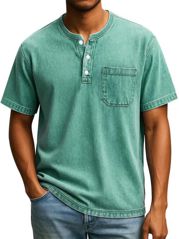 Men's Retro Casual Simple Solid Color Button Short Sleeve Henley Shirt