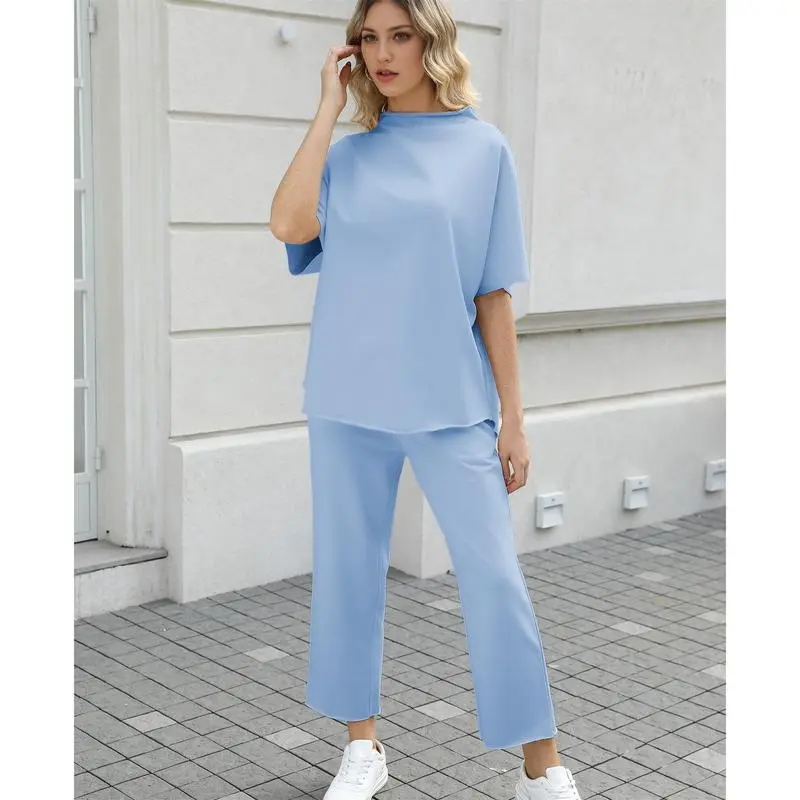 Women’s 2-Piece Lounge Set, Batwing Sleeve Pullover Top & Wide Leg Pants, Travel Outfit