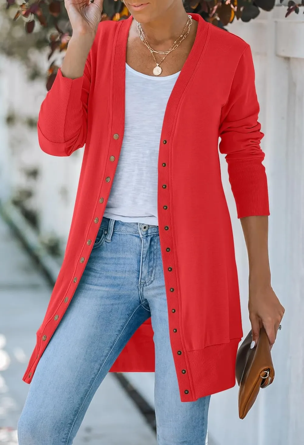 Women's 2024 Fall Long Sleeve Snap Button Down Solid Color Knit Ribbed Neckline Cardigans