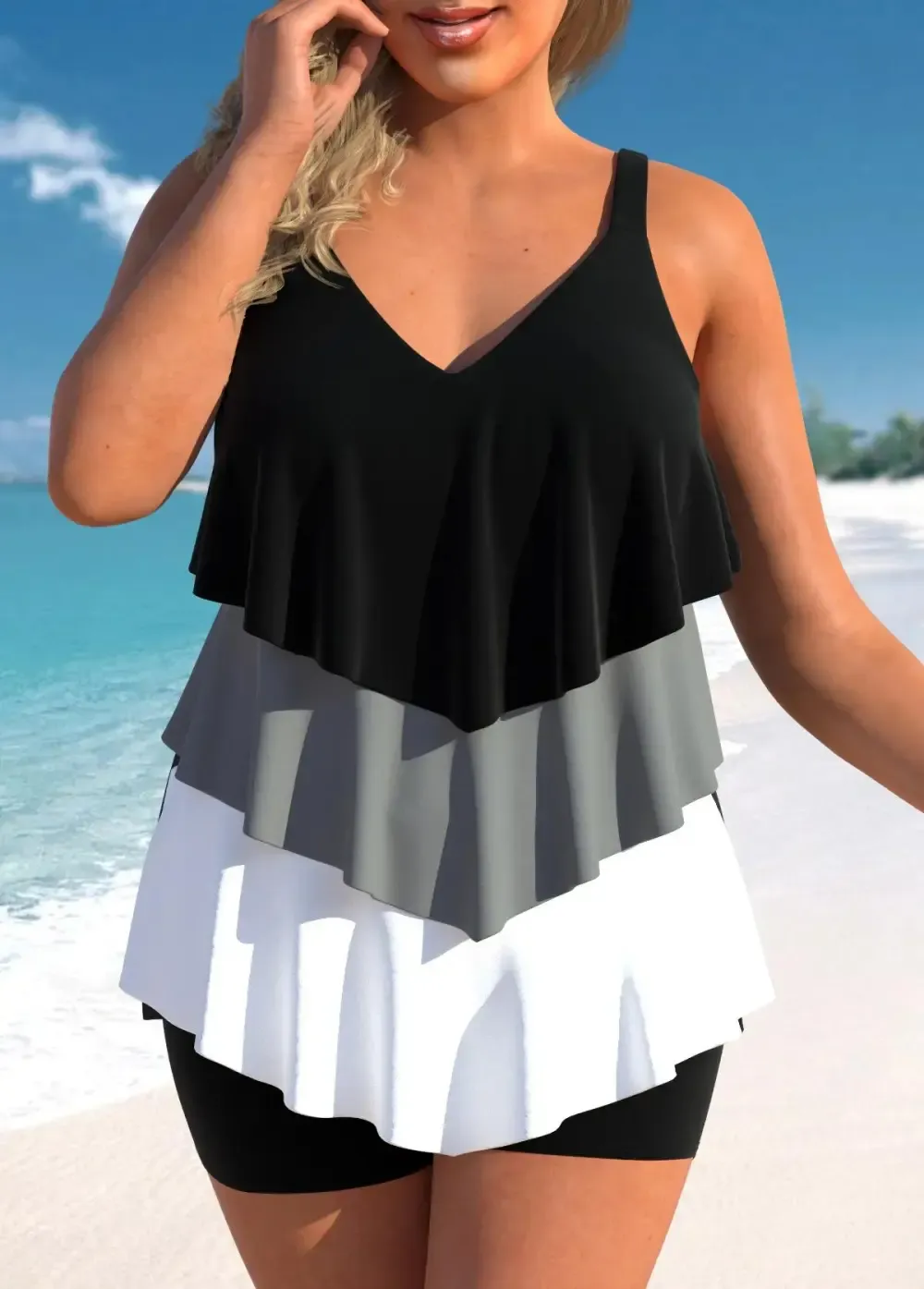 Women's Handkerchief Hem Plus Size Black Tankini Top