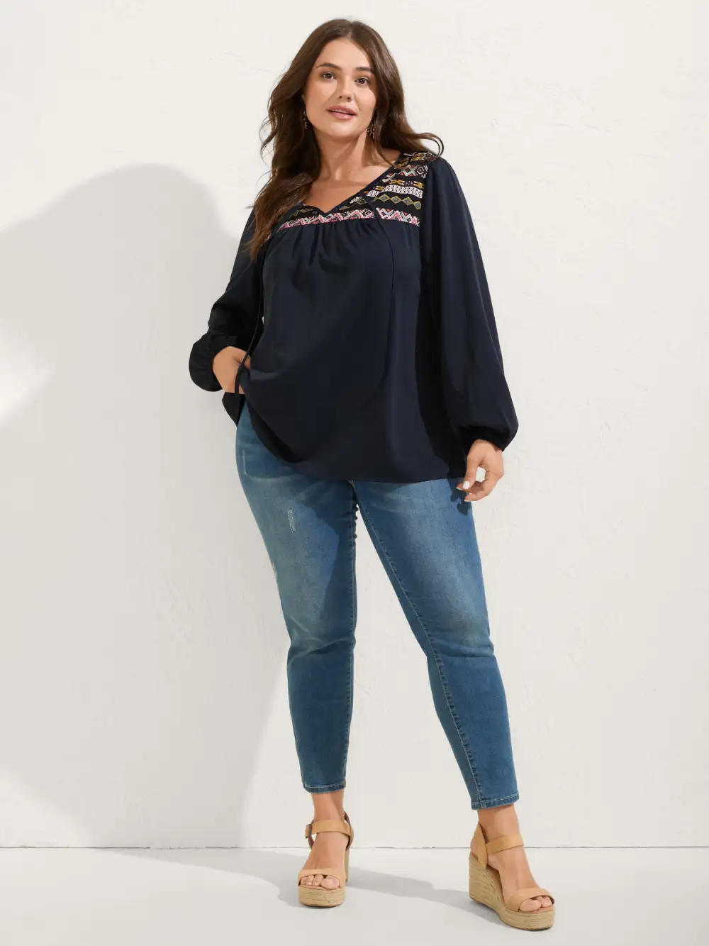 Colorful Boho Neck-Tie Puffy Sleeve Blouse