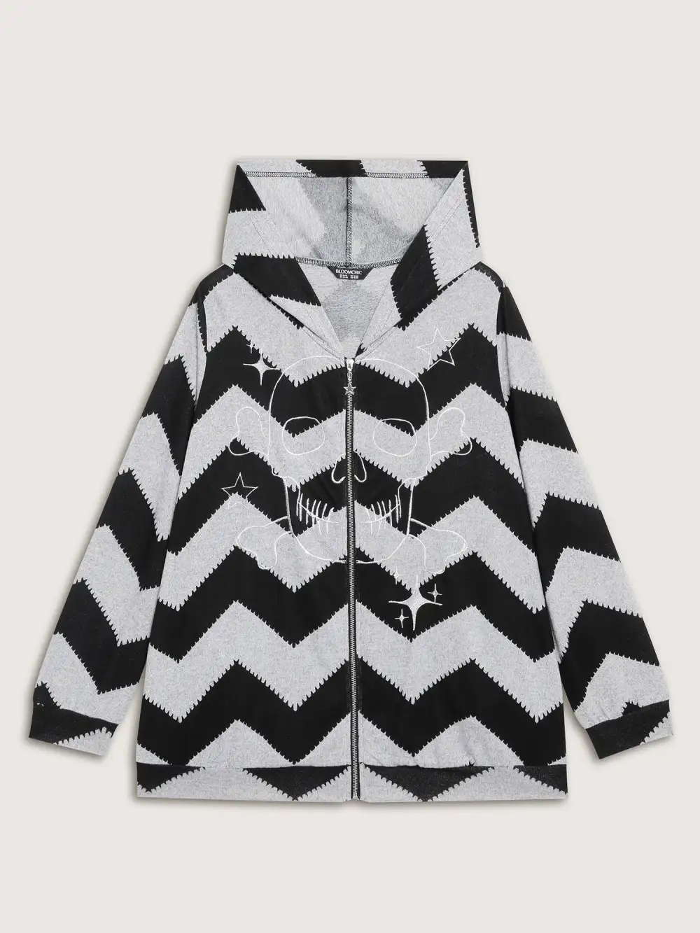 Wavy Stripe Skull Embroidery Zipper Hoodie