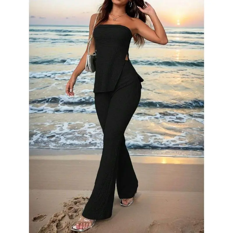 Women's Summer Two-Piece Set – Strapless Top & High-Slit Flare Pants, Casual Resort Outfit