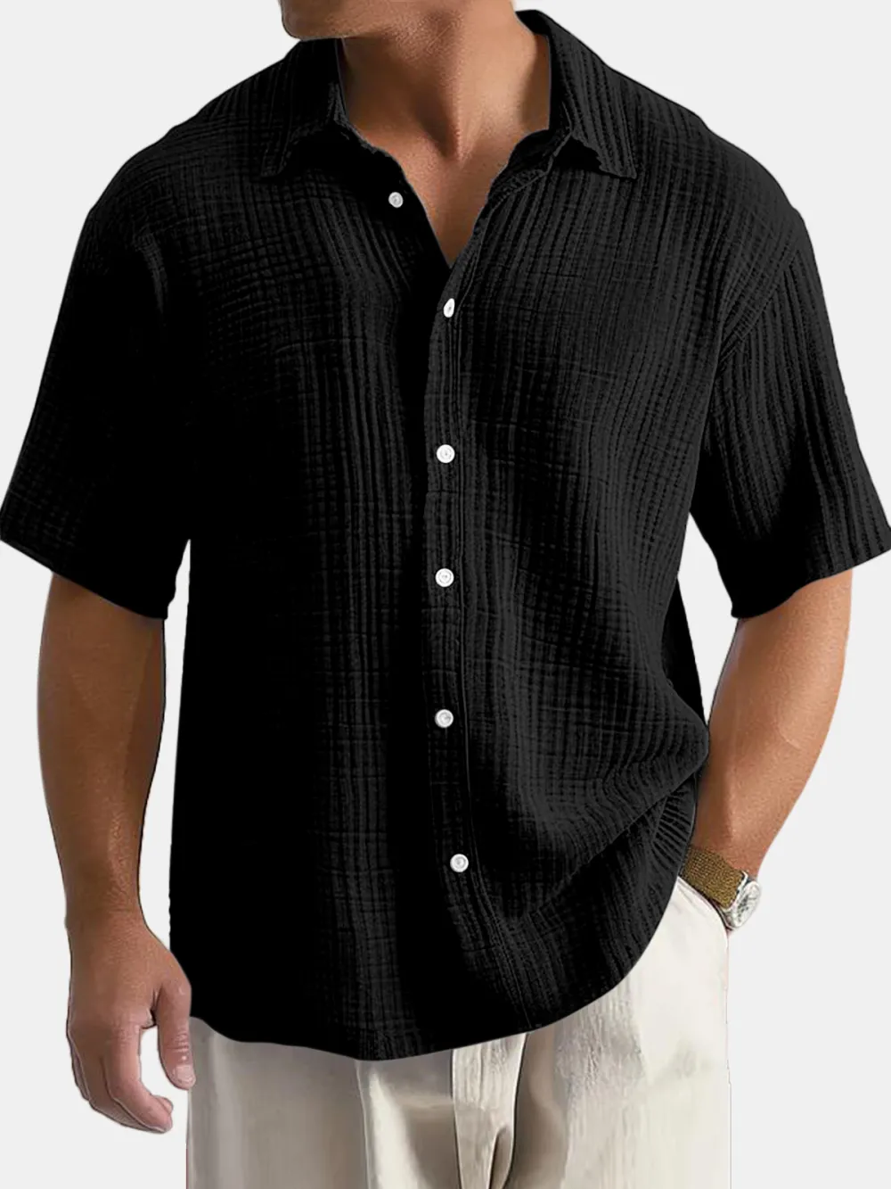 Men's Casual Summer 100% Cotton Solid Color Short Sleeve Shirt