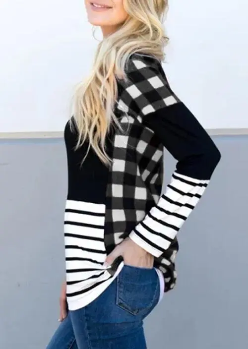 Plaid Splicing Striped O-Neck Long Sleeve Tops