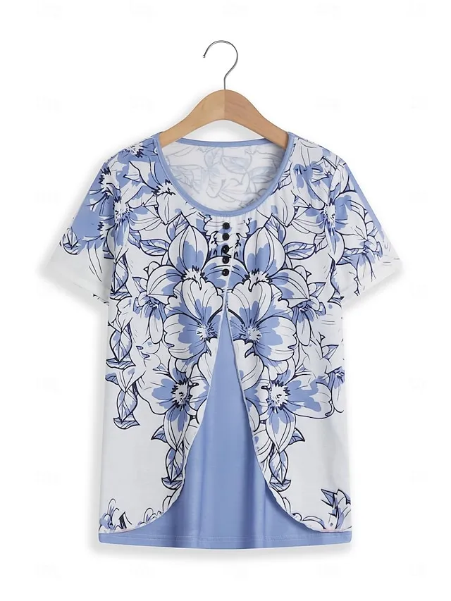 Women's T shirt Tee Floral Holiday Weekend Button Print Pink Short Sleeve Basic Round Neck