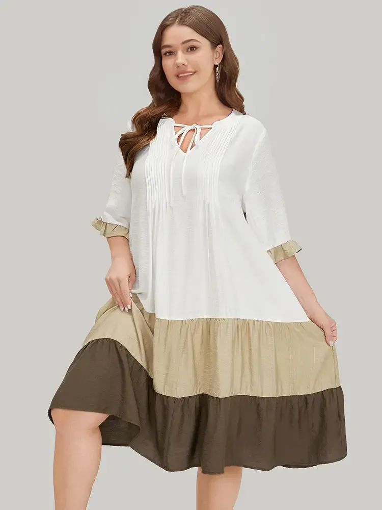 Color Block Contrast Pocket Pleated Knot Neck Dress