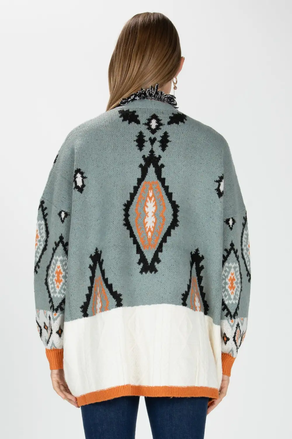 Sweater Block Open Front Aztec Cardigan