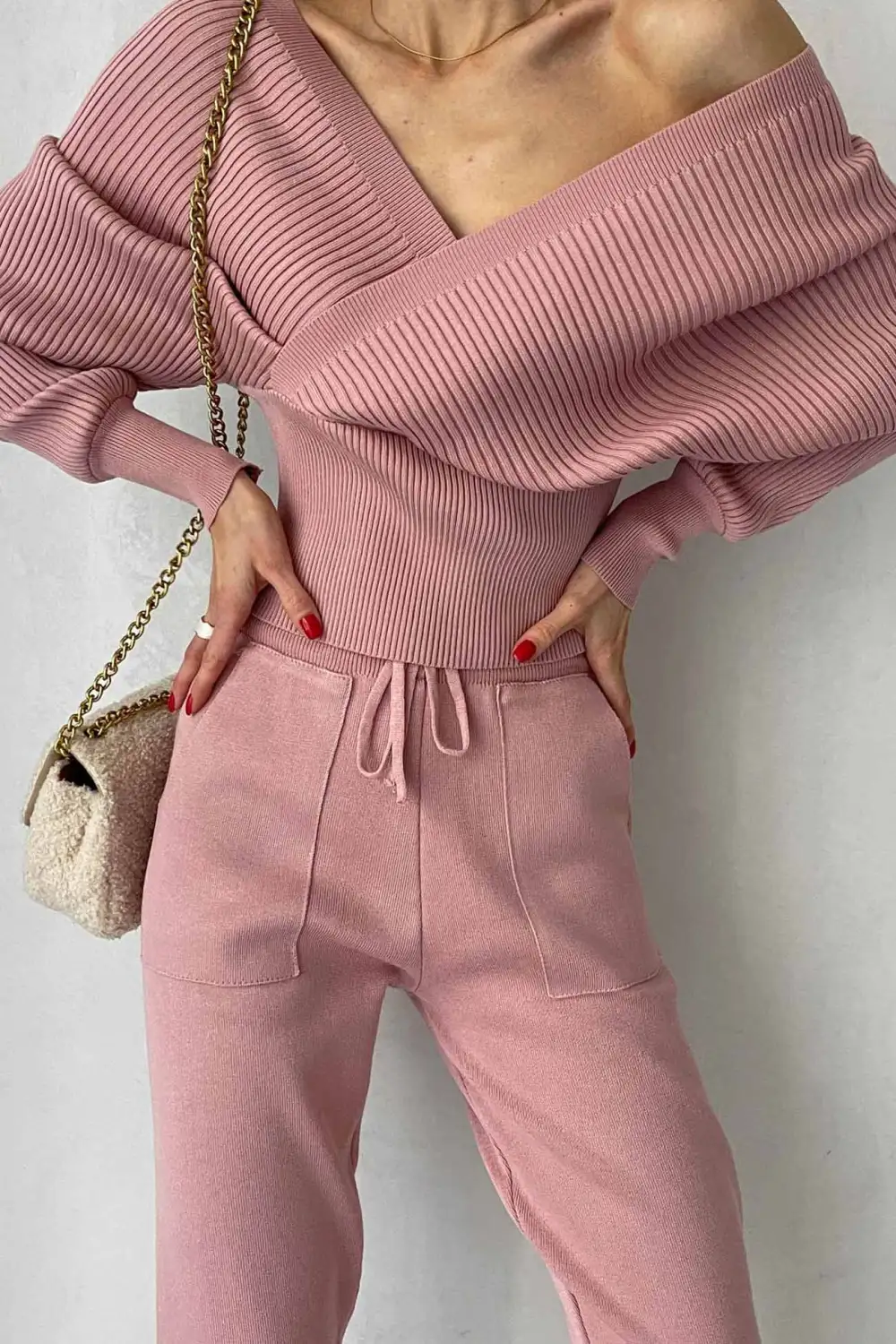 Dolman Sleeves Off Shoulder Ribbed Knit Sweater Pants Suits