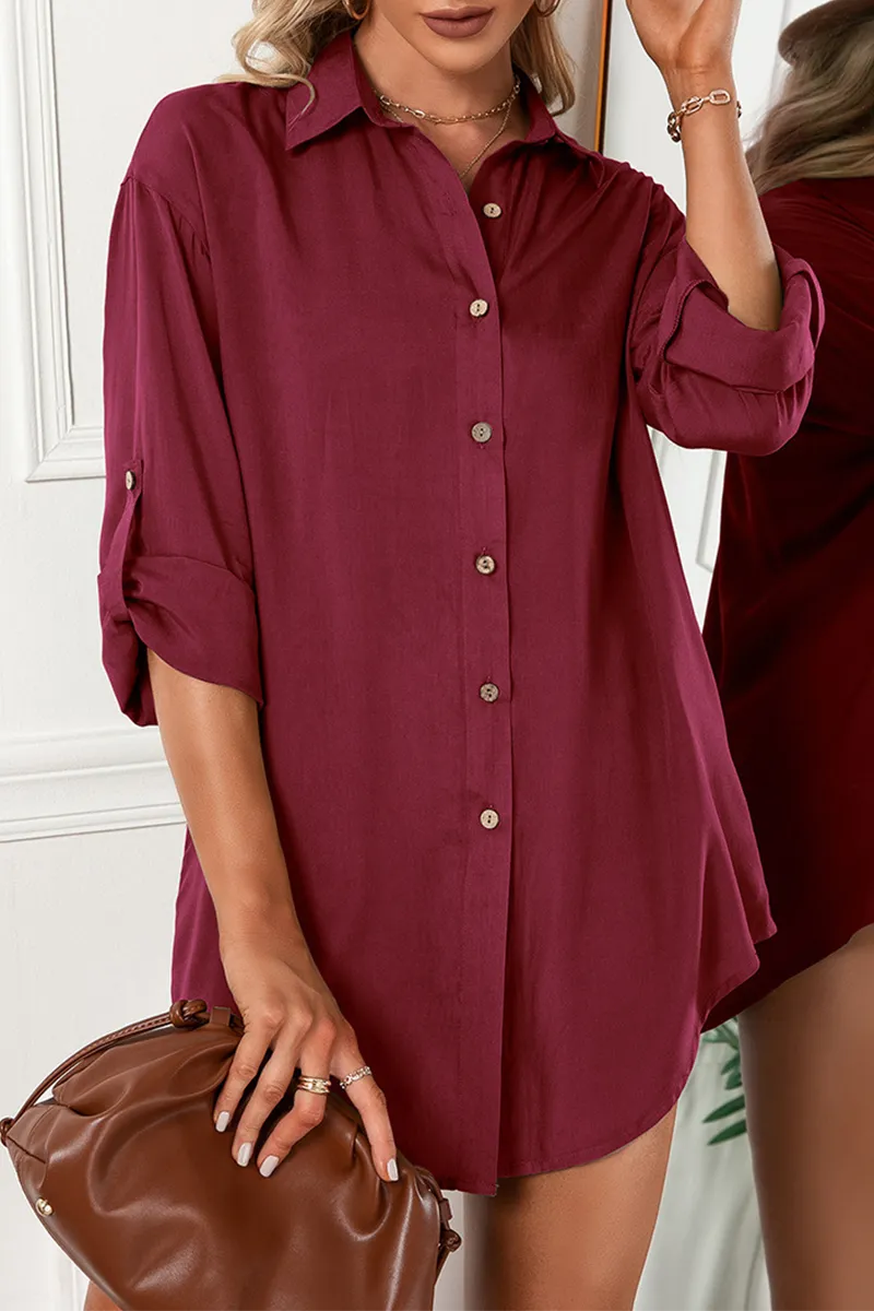Casual Solid Buckle Turndown Collar Shirt Dress (6 Colors)