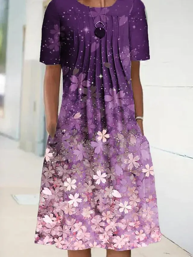 Starry and Flowers Crew Neck Midi Dress