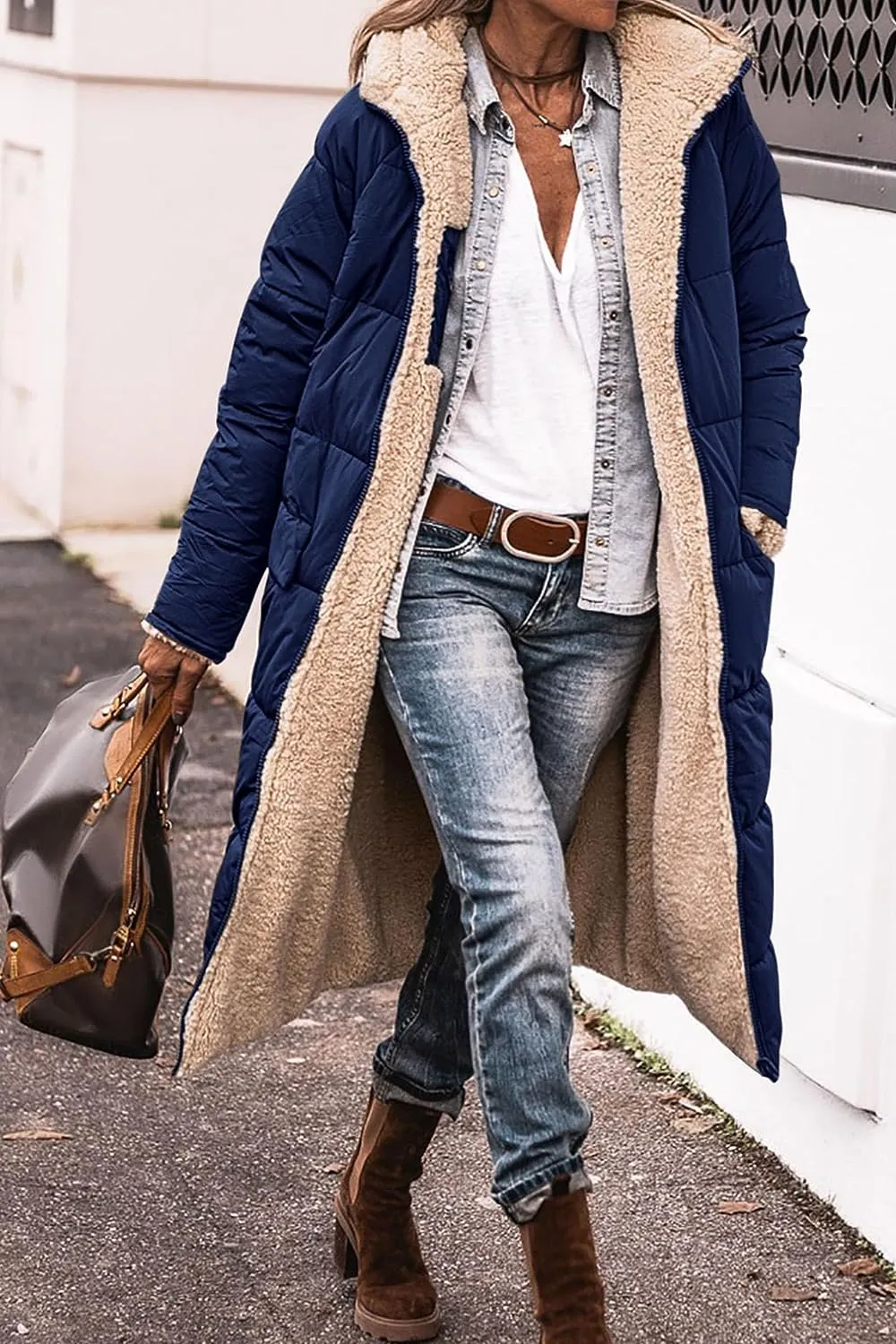 Women's Warm Winter Coats Reversible Sherpa Fleece Long Hooded Puffer Jackets Outerwear