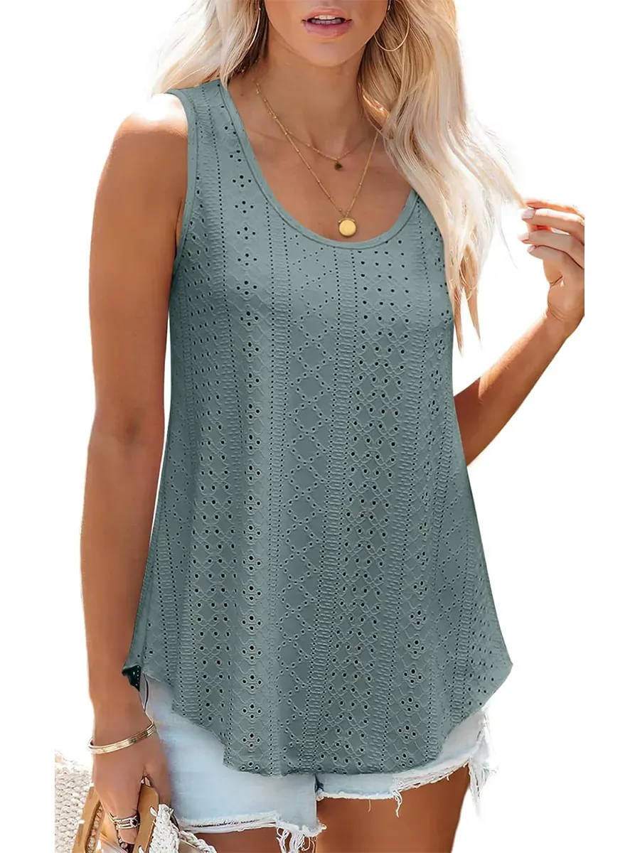HOT SALE Women's Casual Loose Scoop Neck Wide Strap Eyelet Tank Tops