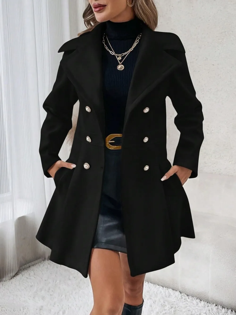 Casual Overcoat For Women's Lapel Neck Double Breasted Slant Pocket Overcoat Button Front Winter Outerwear Fall Coat