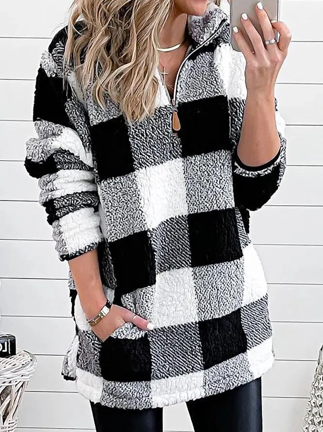 Casual Plaid Loose Fluff Cotton Fleece Fabric Sweatshirt