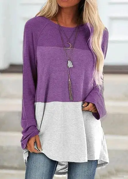 Casual Round Collar Color Block Long Sleeve Tops