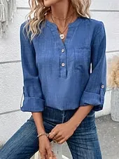 Women's Shirt Solid Color Stylish Casual Long Sleeve V Neck Regular Tops Daily Buttons Red Blue Gray Summer Spring Fall