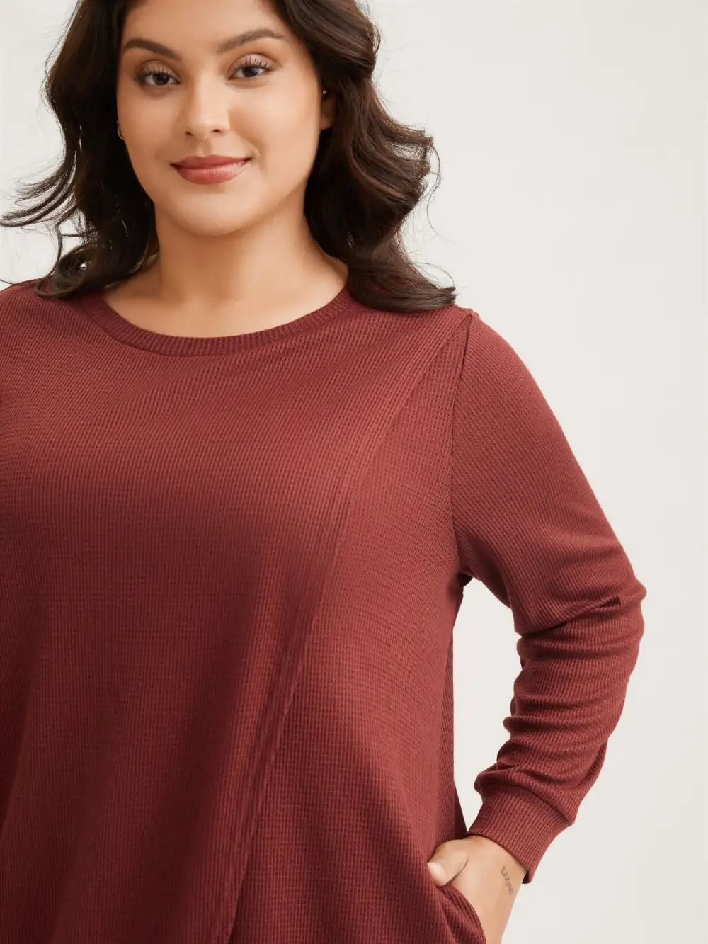 Solid Waffle Knit Overlap Hem T-shirt