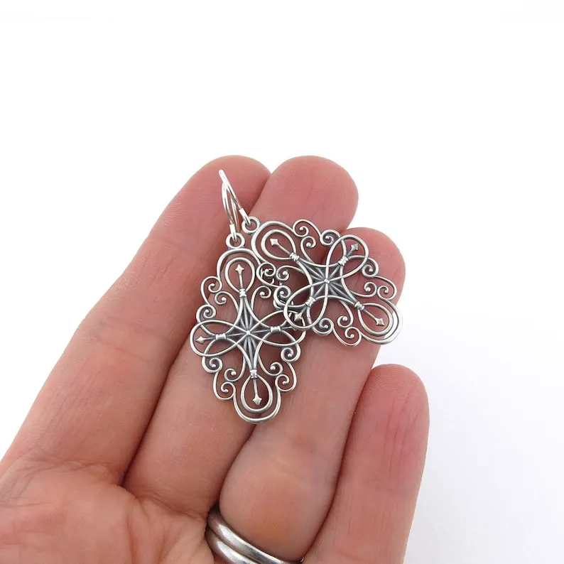 Long Silver Earrings Silver Filigree Earrings Compass Rose Jewelry Gift for Her Girlfriend Gift Sterling Silver Jewelry - Compass Rose