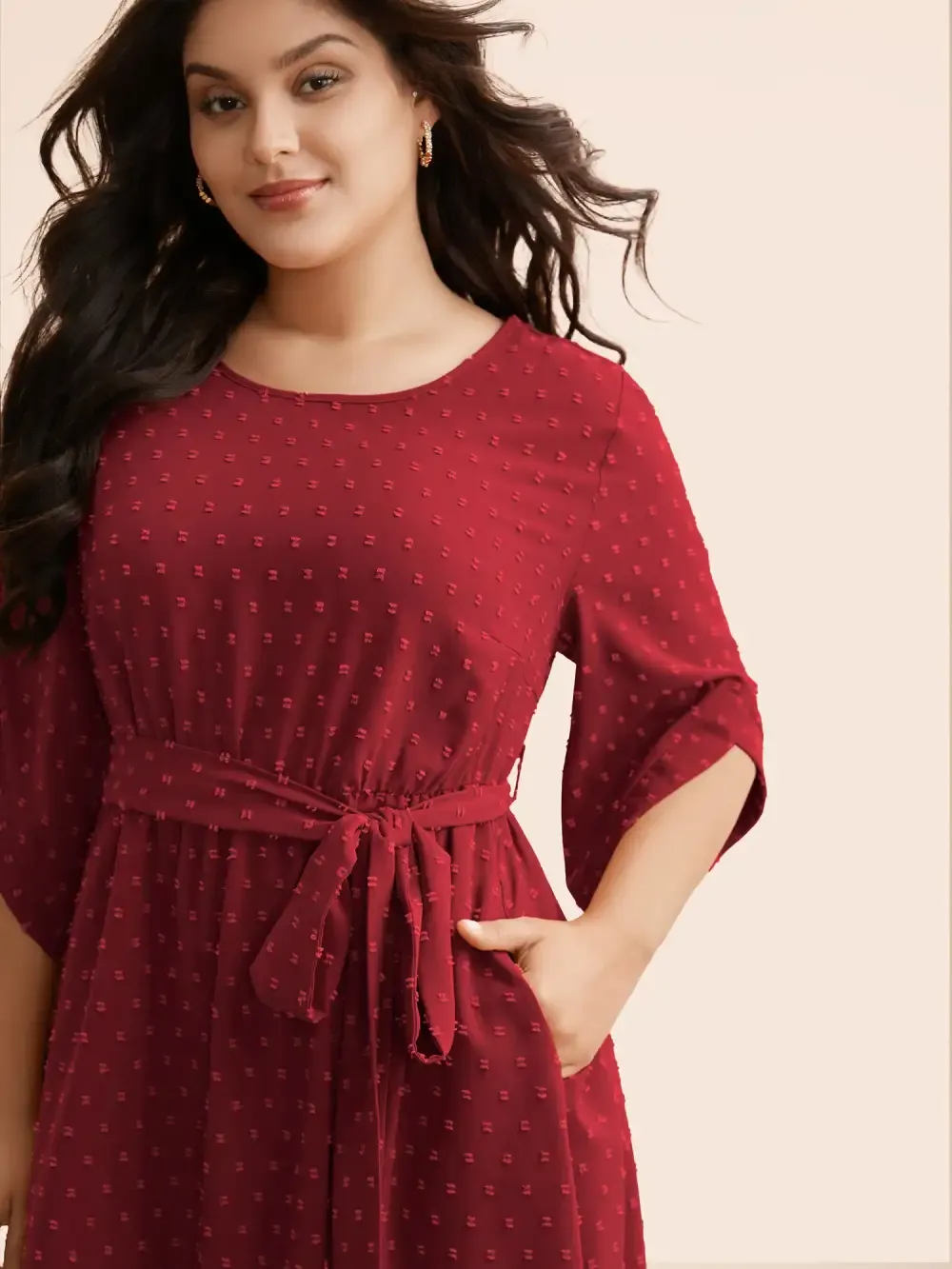 Textured Bell Sleeve Belted Arc Hem Dress