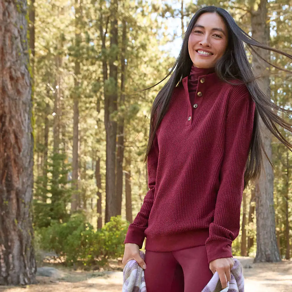 Women's Waffle Knit Button Placket Top