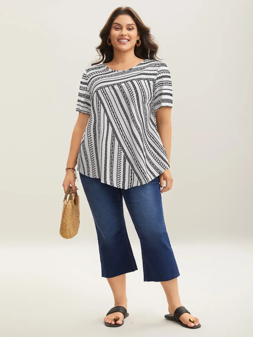Striped Overlap Print Curvy Hem Blouse