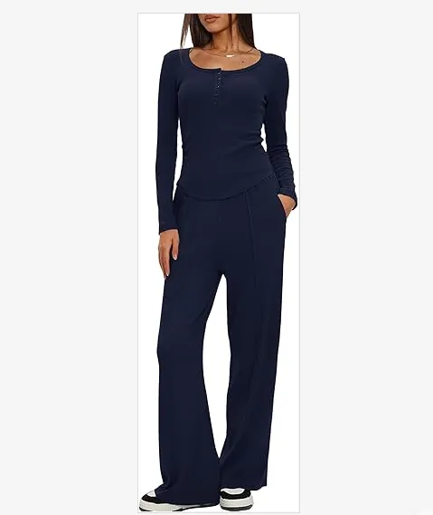 Women's Autumn Fashion Two-Piece Casual Suit Long Sleeve Top Henley Shirt Wide Leg Pants Travel Suit