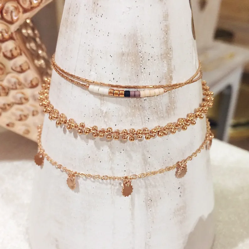Dainty Rose Gold Bracelet with Small Beads, Boho Thin Beaded Chain Minimalist Jewelry, Delicate Elegant Gift For Her