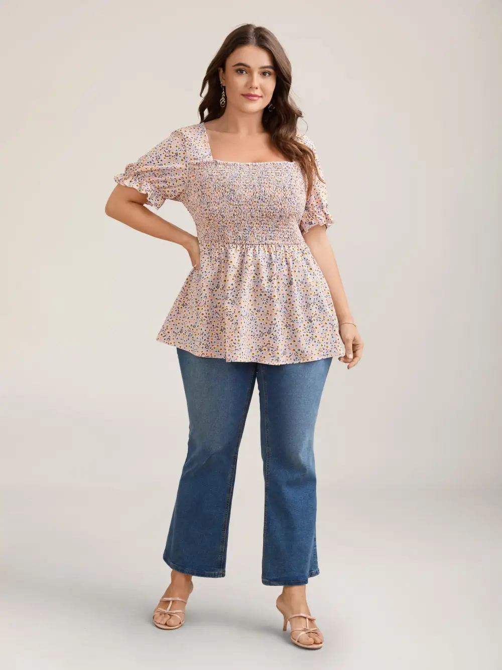 Floral Print Shirred Bodice Peplum Top