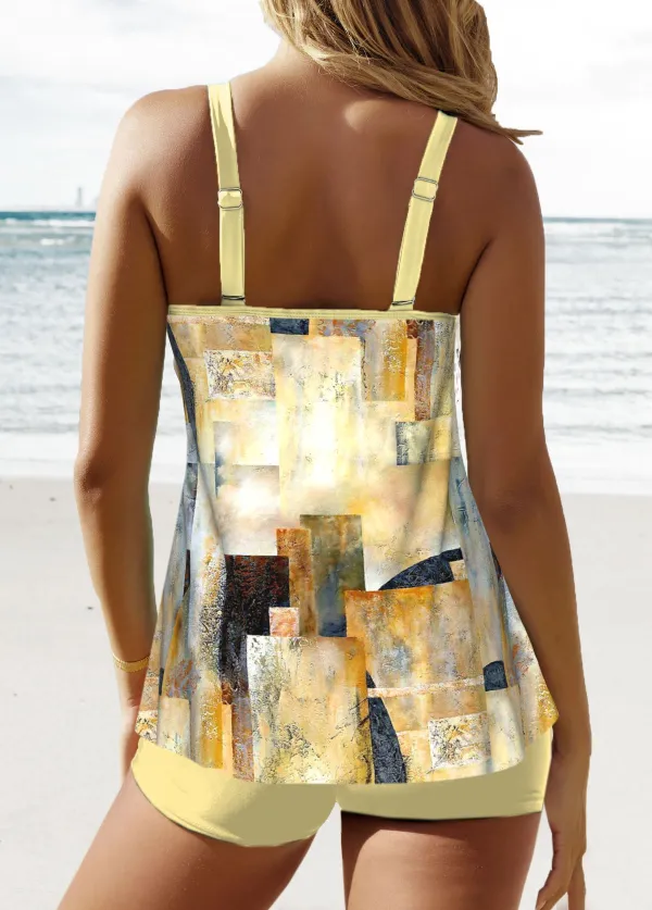 Plus Size Patchwork Light Yellow Geometric Print Tankini Set