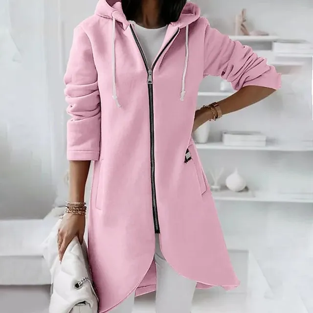 Women's Zip Hoodie Sweatshirt Fleece Sports Streetwear Pullover Pocket Drawstring Zip Up Black Pink Red Solid Color Street Casual Hoodie Long Sleeve Top Fleece lined Micro-elastic Fall & Winter