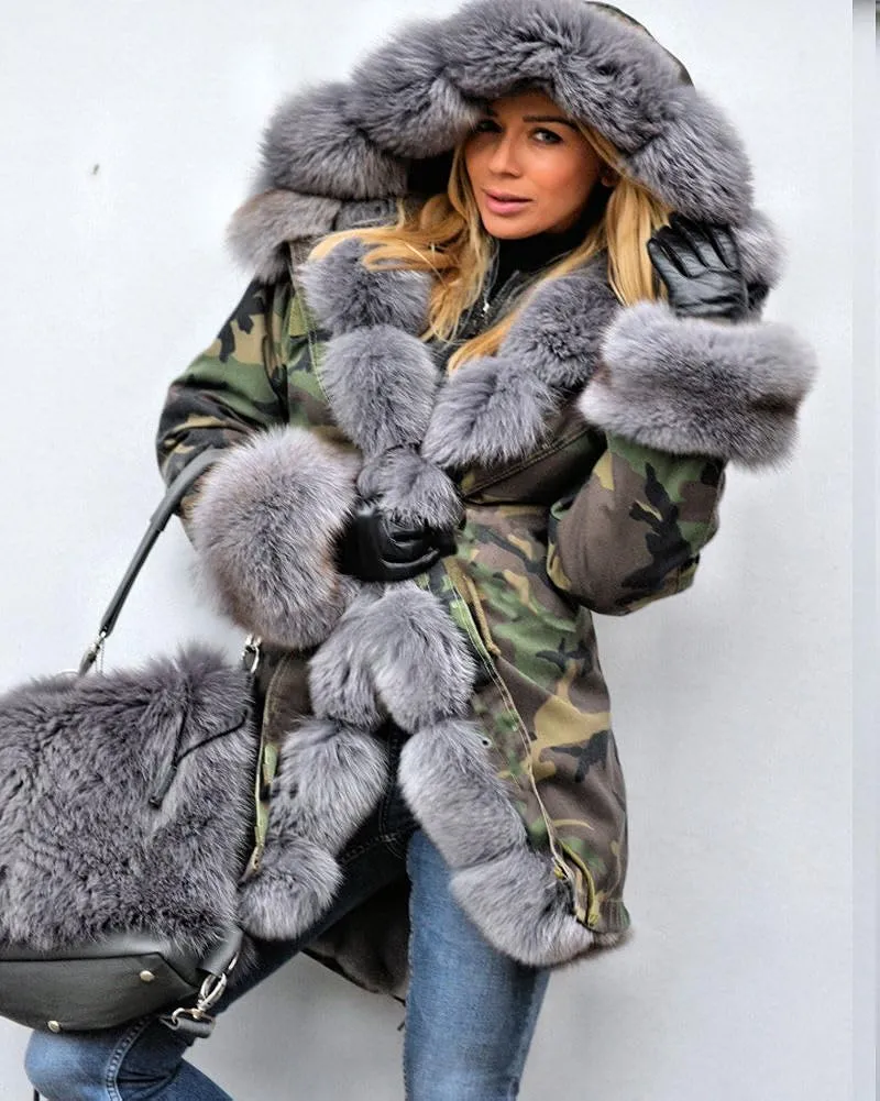 Womens Hooded Camouflage Warm Winter Coats Faux Fur Jacket Parka Overcoat