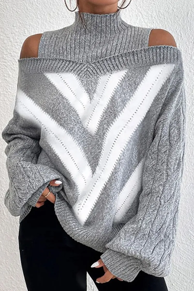 High Collar Geometric Contrast Color Knit Sweater