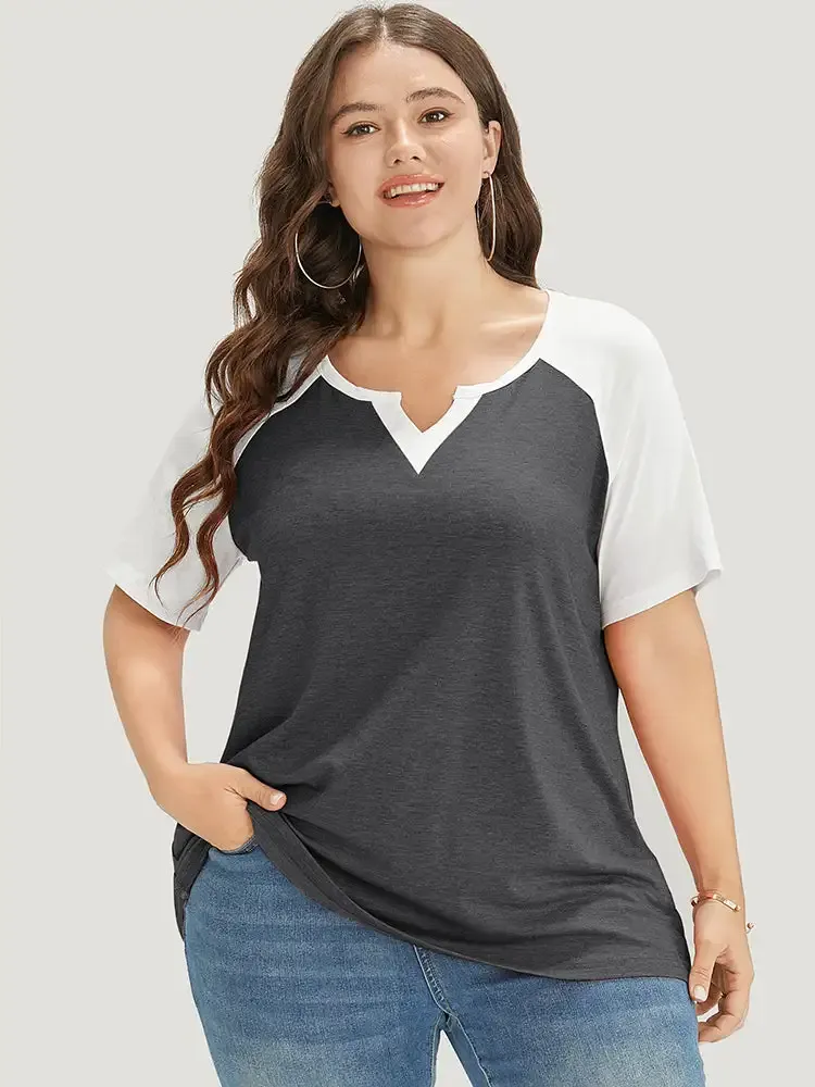 Colorblock Contrast Notched Raglan Sleeve T-shirt