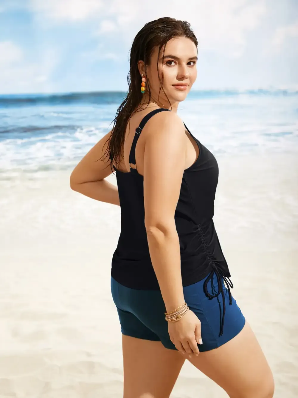 Crew Neck Contrast Tropical Print Drawstring Swim Top