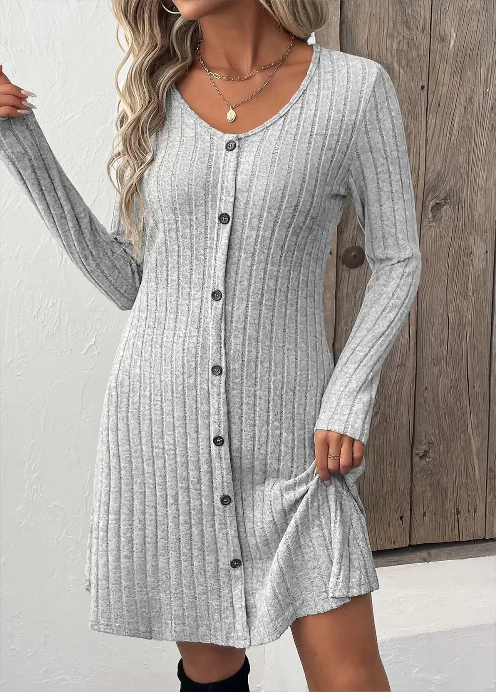 Light Grey Button Long Sleeve Scoop Neck Dress