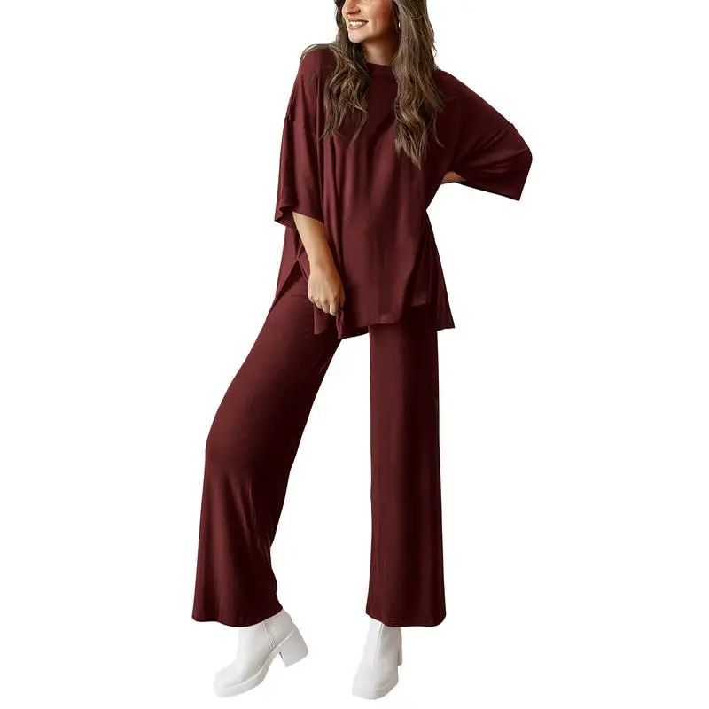 Women's 2-Piece Lounge Set – Short Sleeve Top & Split Hem Wide Leg Pants