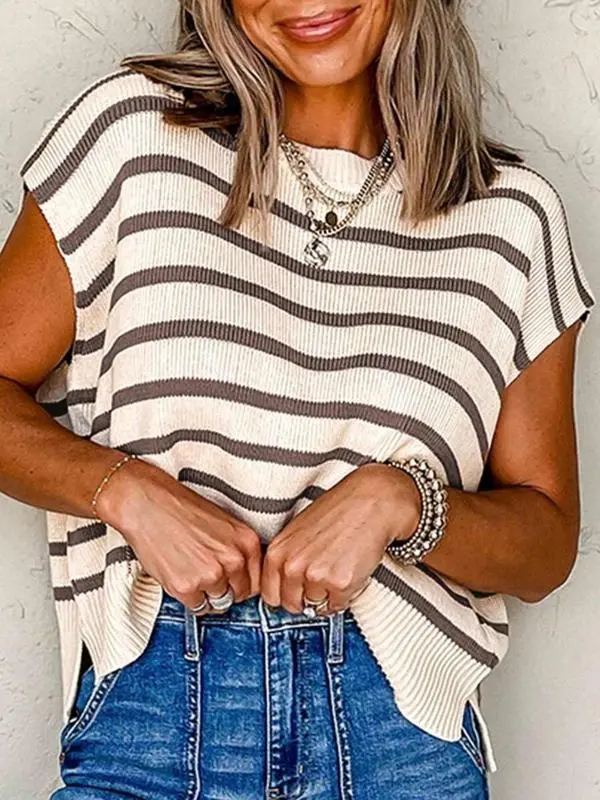 Women's Striped Knit Sweater – Lightweight Crew Neck Pullover for Summer