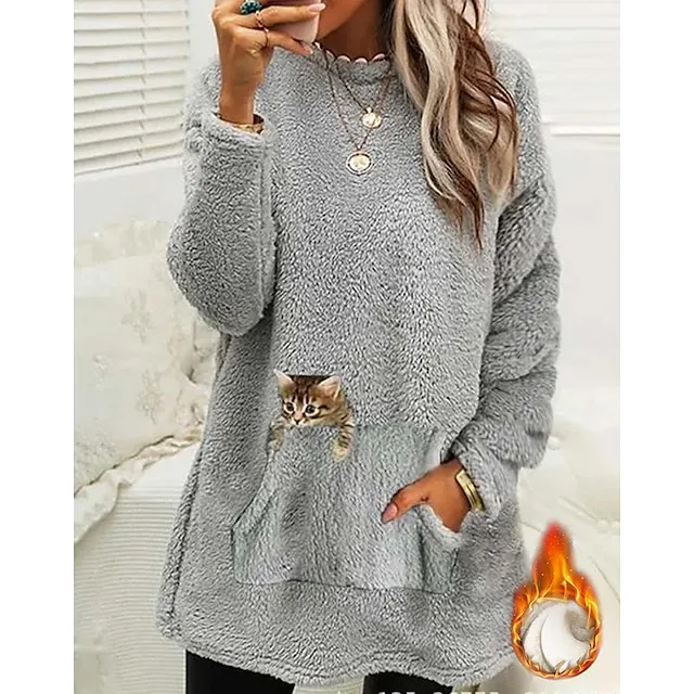 Women's Sweatshirt Pullover Fleece Sports Sherpa Fleece Teddy Front Pocket Light Blue Black Pink Cat Street Casual Round Neck Long Sleeve Top Micro-elastic Fall & Winter