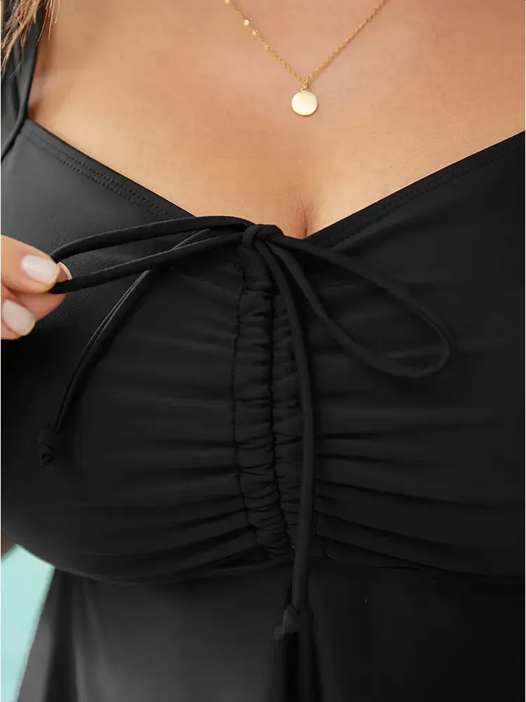 Laser Cut Ruched Drawstring A Line Swim Dress