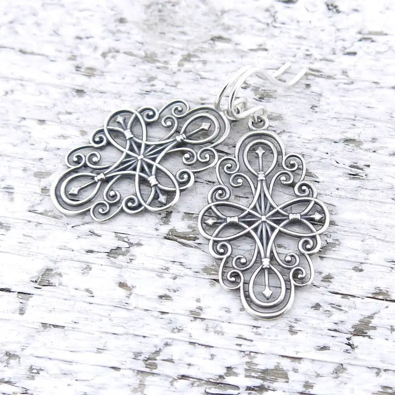 Long Silver Earrings Silver Filigree Earrings Compass Rose Jewelry Gift for Her Girlfriend Gift Sterling Silver Jewelry - Compass Rose
