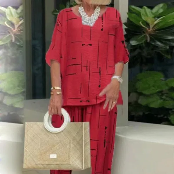 Round Neck 5 / 4 Sleeve Top Slacks 2-piece Set