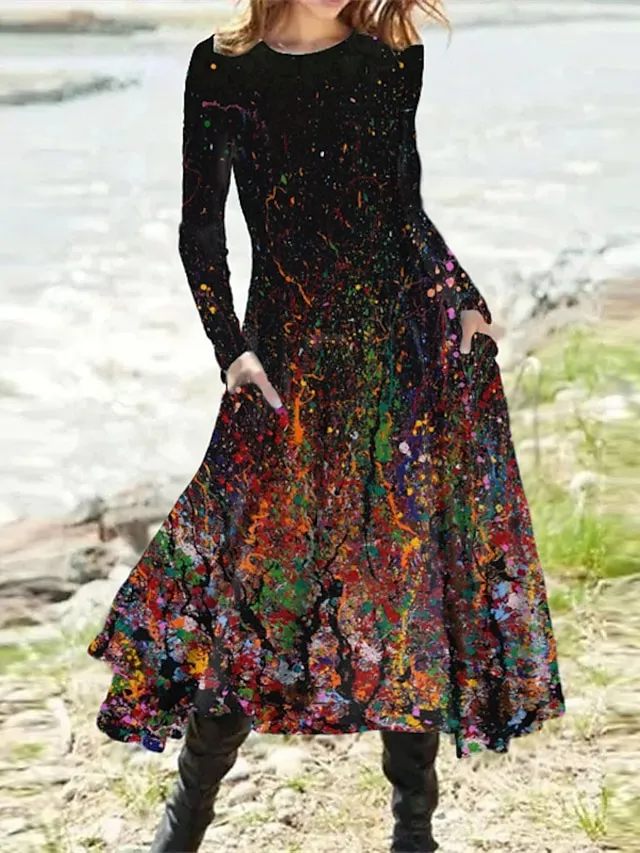 Women‘s Casual Dress Swing Dress Midi Dress Blue Yellow Rainbow Long Sleeve Color Gradient Pocket Print Winter Fall Crew Neck Vacation Casual Fall Dress 2023 S M L XL XXL 3XL