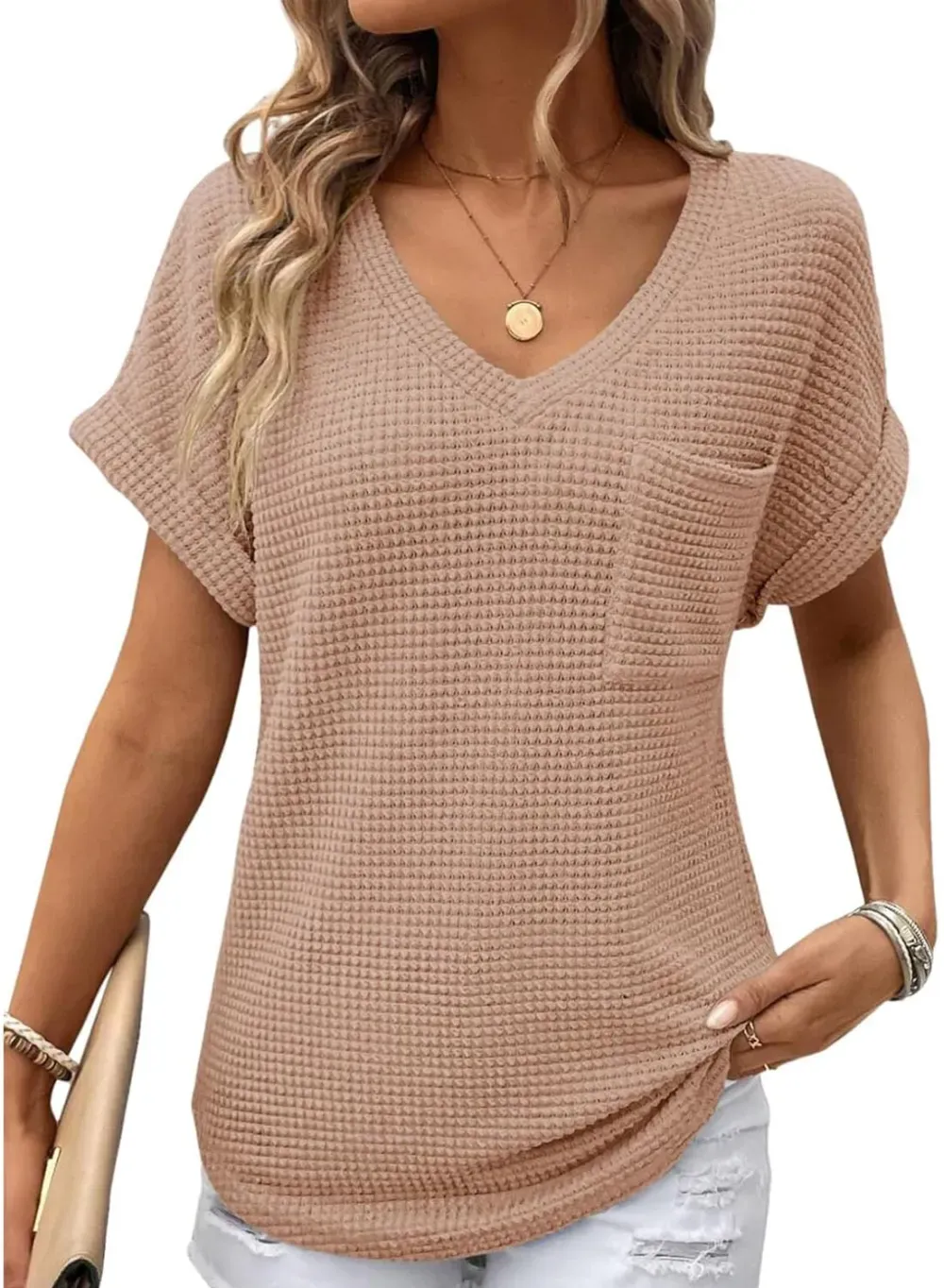 ✨Women's Oversized Waffle V Neck Short Sleeve Casual Top